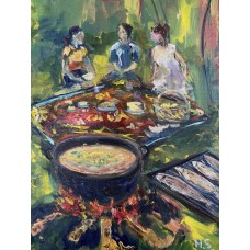 “Picnic in the Forest” – Original Ukrainian Food & Nature Painting, Oil on Canvas | Marina Stognieva
